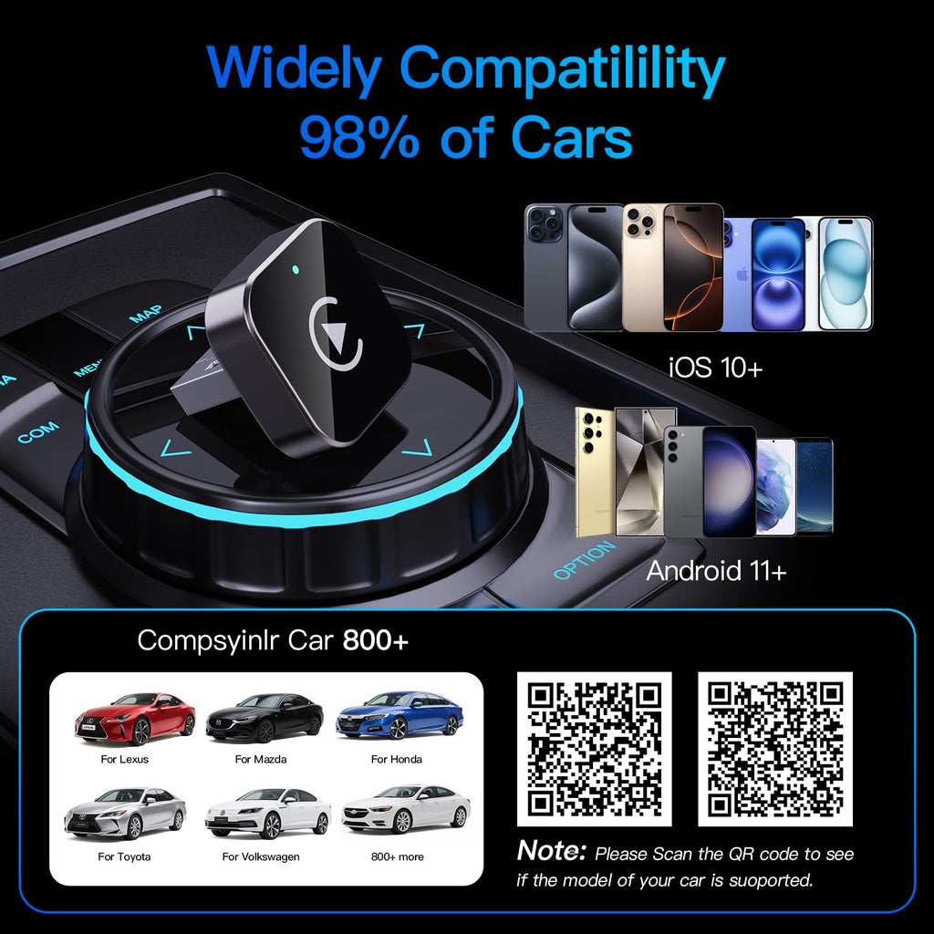 Wireless CarPlay Adapter for Apple iPhone＆Android, Small Size,Plug and Play,Fast and Stable Connection Wireless Adapter for CarPlay＆Android-No Latency to Screen