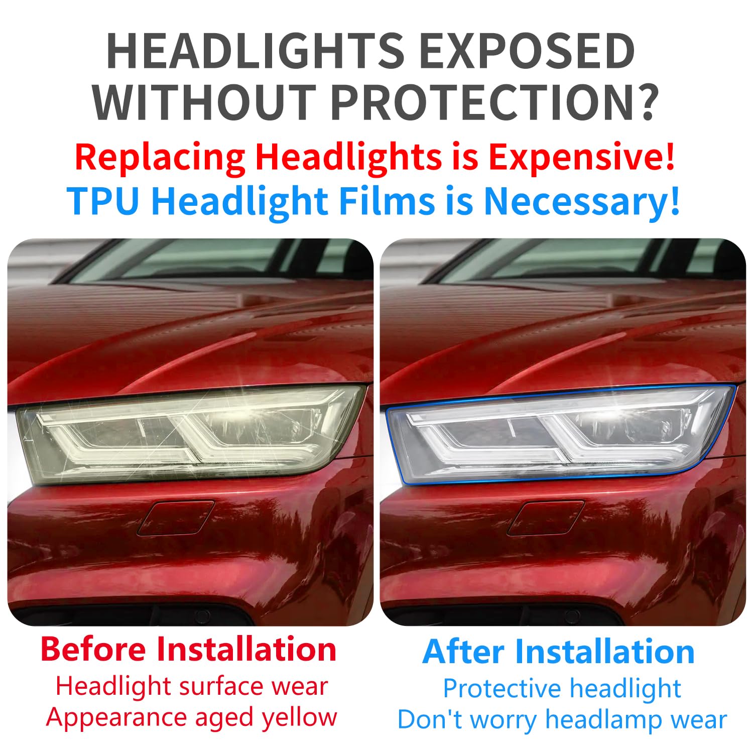 Clear TPU Headlight Protection Film for Audi Q5 & SQ5 2018-2020 — Pre-Cut Invisible PPF, Anti-Yellowing & Scratch Resistant (5-Piece Kit) - Goecice