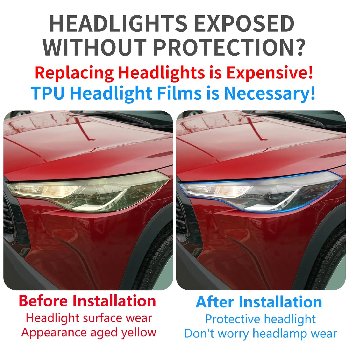 Clear TPU Headlight Protection Film for Toyota Corolla Cross 2022-2026 — Pre-Cut Invisible PPF, Anti-Yellowing 5-Piece Kit - Goecice