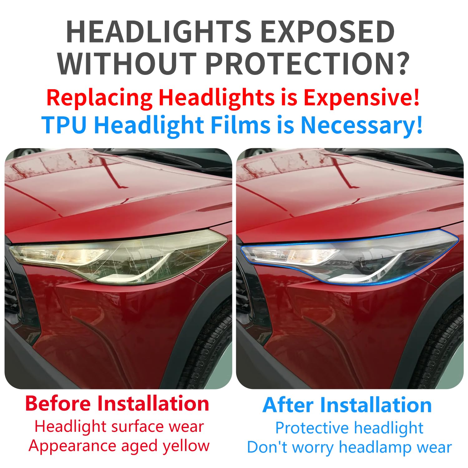 Clear TPU Headlight Protection Film for Toyota Corolla Cross 2022-2026 — Pre-Cut Invisible PPF, Anti-Yellowing 5-Piece Kit - Goecice
