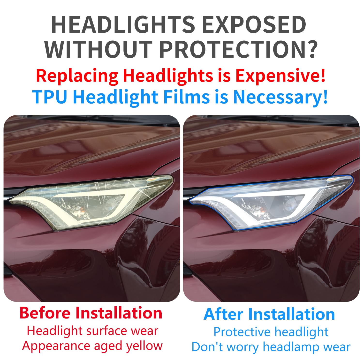 Clear TPU Headlight Protection Film for Toyota RAV4 2016-2018 & Hybrid — Pre-Cut Invisible PPF, Anti-Yellowing 5-Piece Kit - Goecice