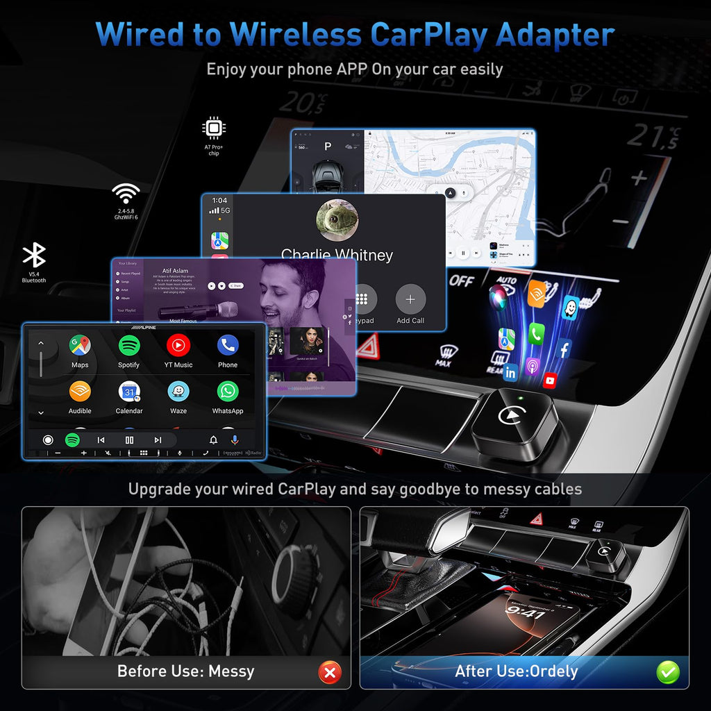 Wireless CarPlay Adapter 2026 Upgrade Mini Design, USB/USB-C Plug & Play Converts CarPlay to Wireless - Easy Use Fast Stable Connection Car Play for iPhone & Android - Goecice Store