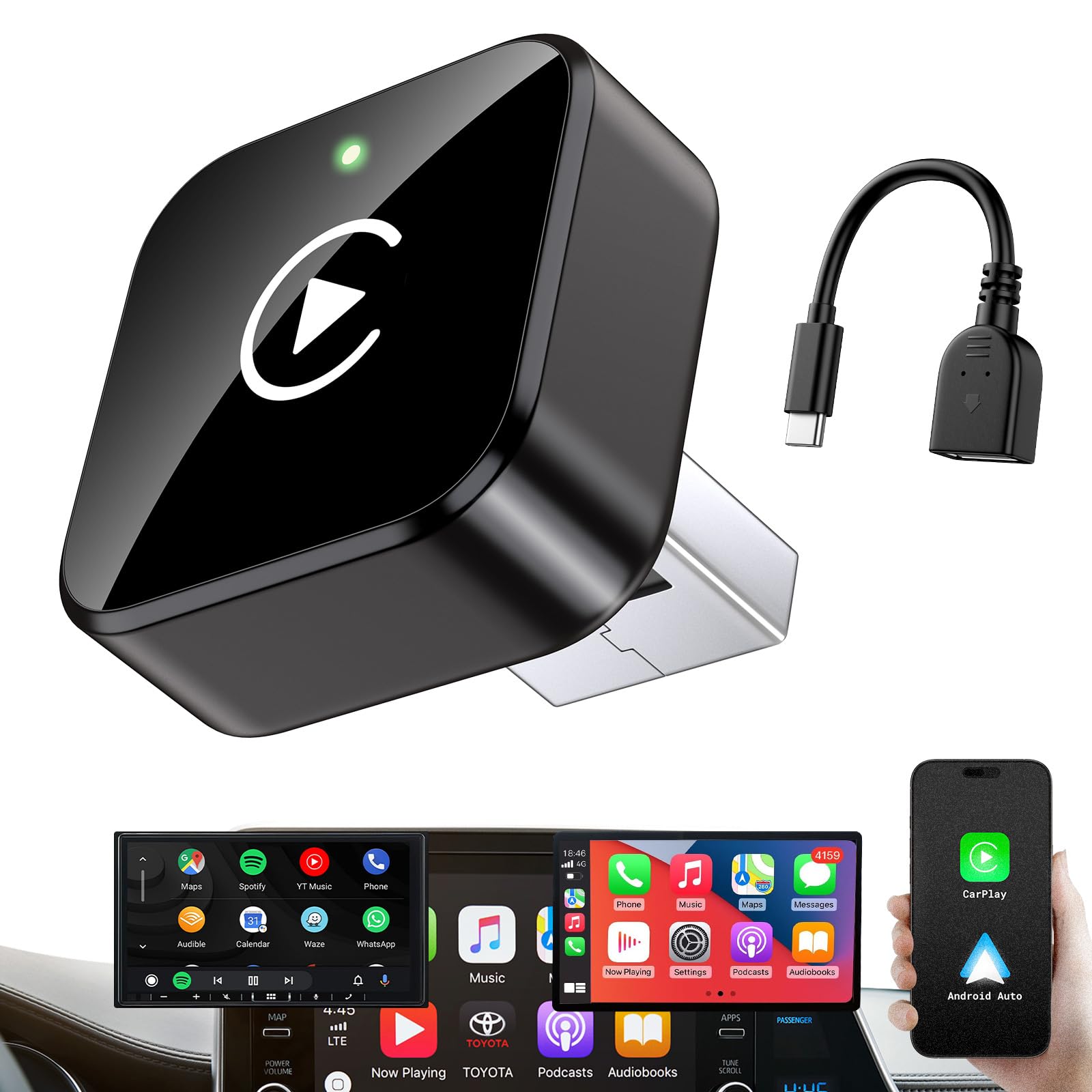 Wireless CarPlay Adapter 2026 Upgrade Mini Design, USB/USB-C Plug & Play Converts CarPlay to Wireless - Easy Use Fast Stable Connection Car Play for iPhone & Android - Goecice Store