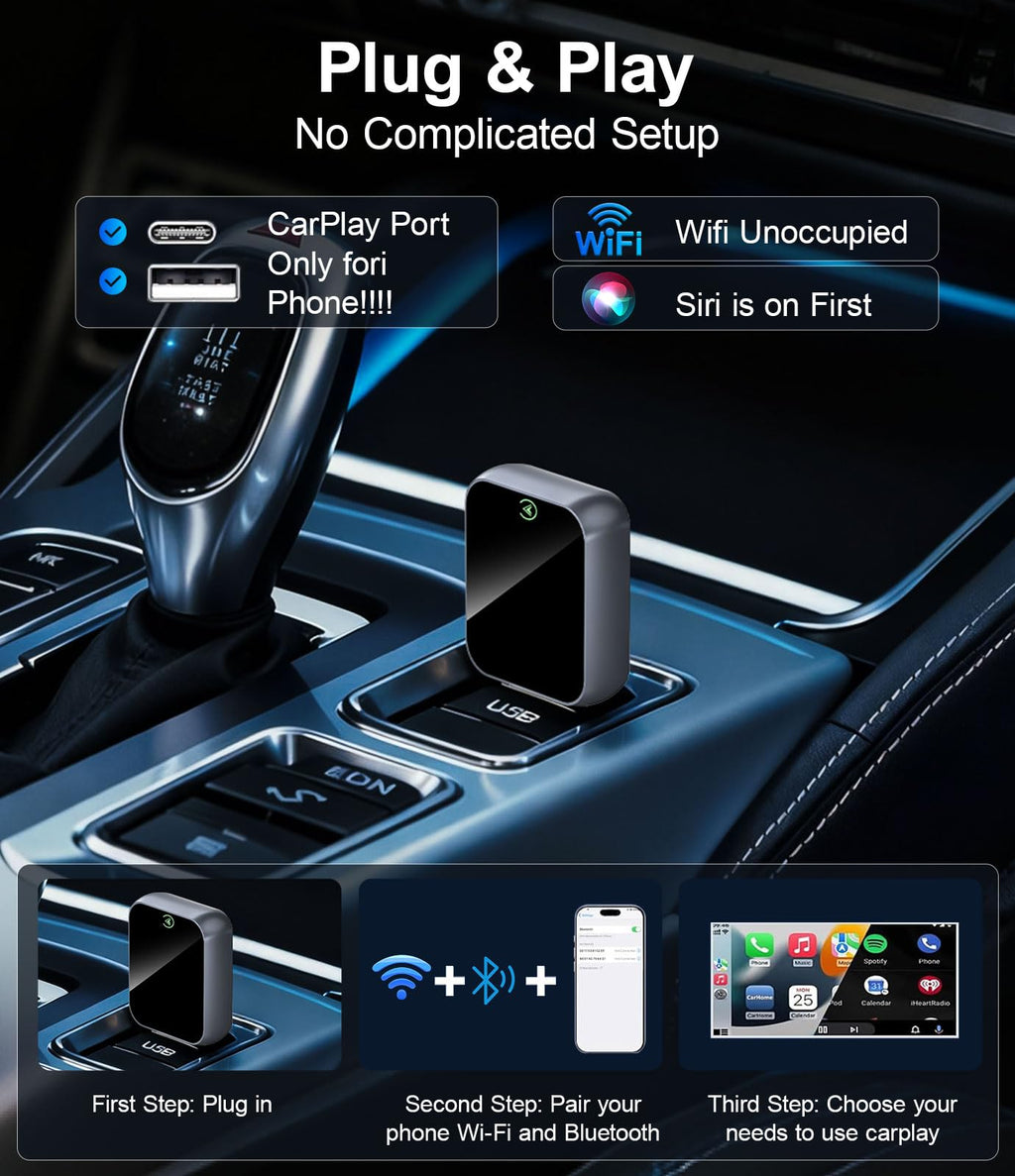 Wireless CarPlay Adapter for iPhone - No Audio Lag, Auto - Connect - Convert Factory Wired to Wireless CarPlay - Bluetooth 5.3 & 5GHz Wi - Fi - Plug & Play (Includes USB A/C) - Goecice Store